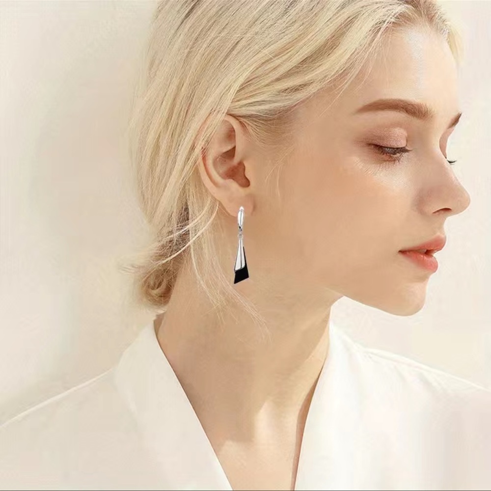 Elegant Geometric Dangle Earrings - 925 Sterling Silver with Black Accent